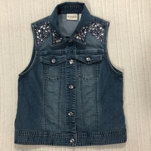 Chico's Platinum Denim Vest Embellished Sleeveless Jean‎ Jacket Top Size 0
